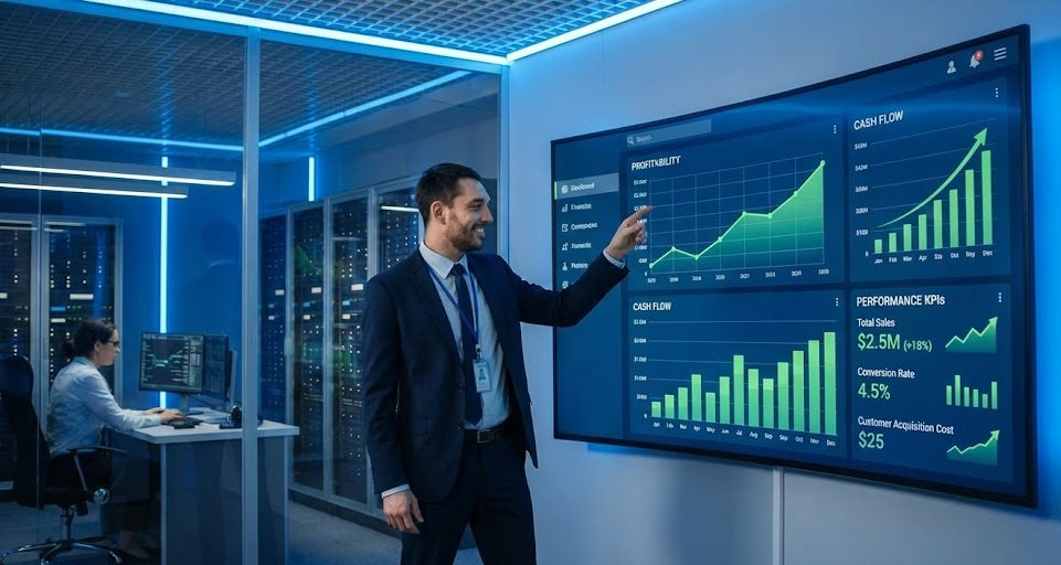 Dashboard financiero profesional mostrando métricas de e-commerce en pantalla grande, con gráficos de rentabilidad, flujo de caja y KPIs de rendimiento, empresario satisfecho observando resultados positivos en oficina moderna con ambiente tecnológico
