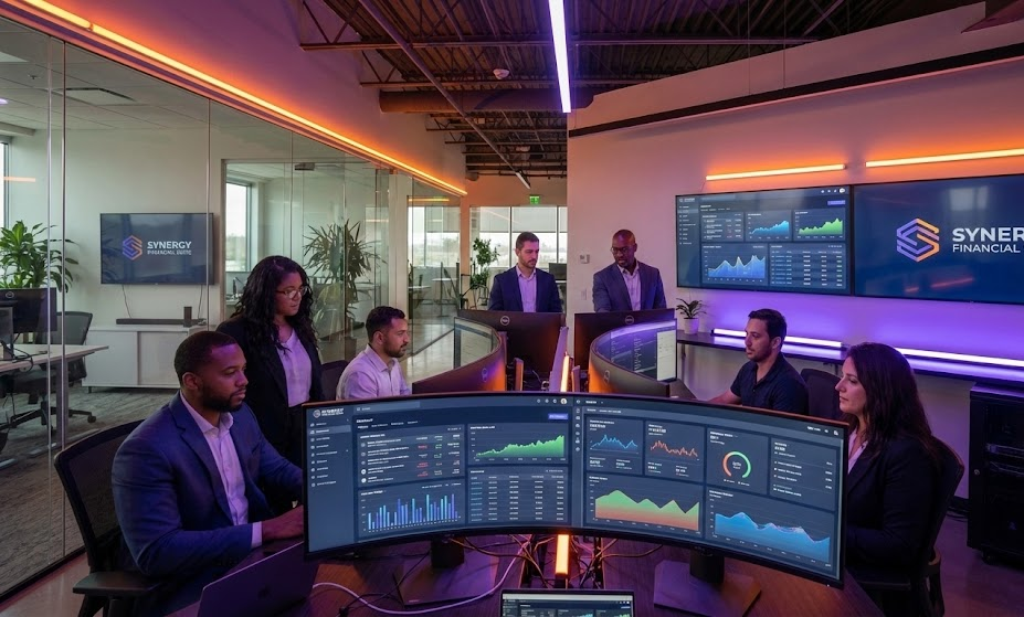 Equipo de consultores financieros implementando sistema de gestión en oficina moderna de e-commerce, pantallas con dashboards financieros, gráficos en tiempo real, ambiente profesional con iluminación de neón naranja y violeta